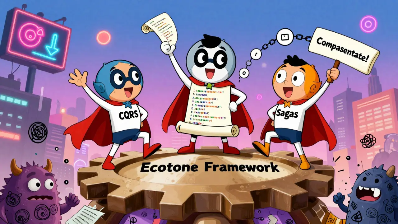 Three code superheroes—CQRS, Event Sourcing, and Saga—stand on a framework gear crushing chaotic code monsters.