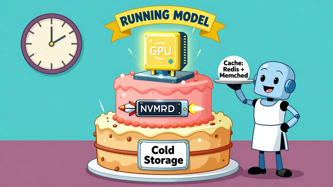 Three-layer storage cake with S3, NVMe, and GPU layers being served by a robot.