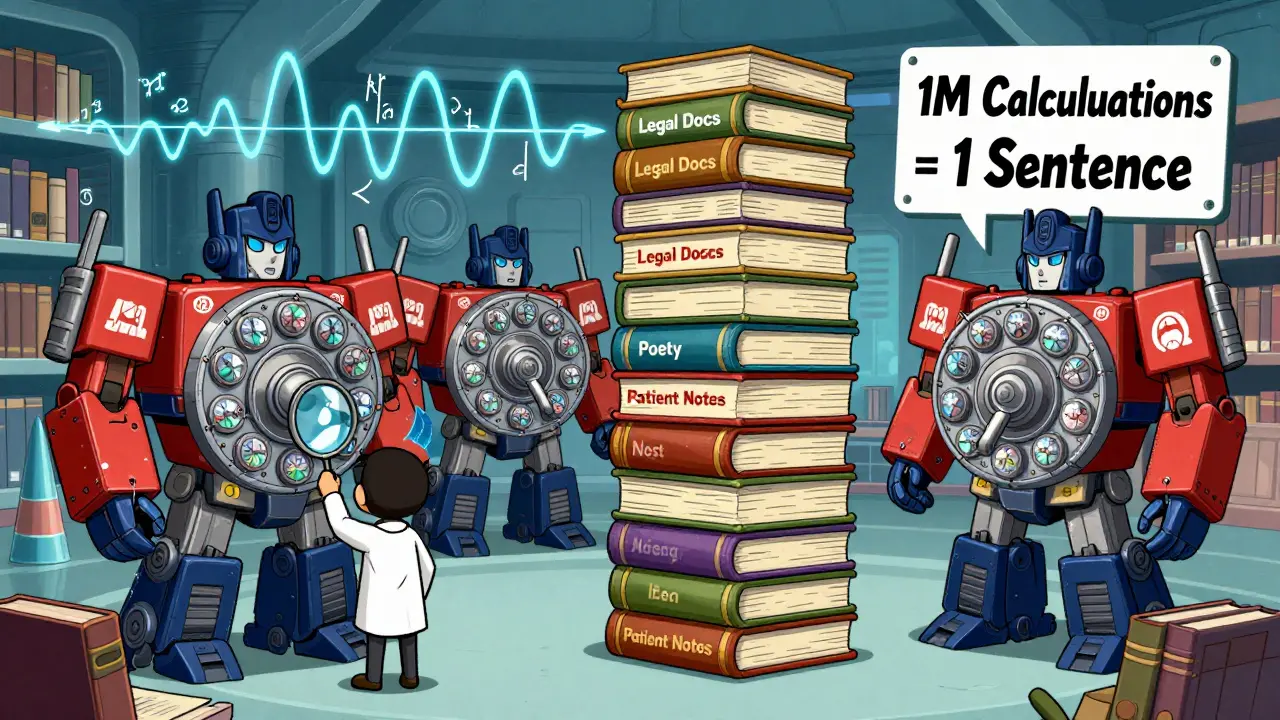 Transformer engines with attention heads processing books in a cartoon library.