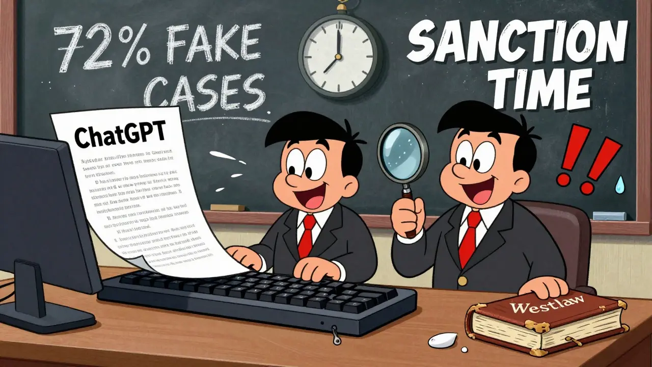 Two lawyers at a desk: one using ChatGPT, the other checking Westlaw with a magnifying glass.