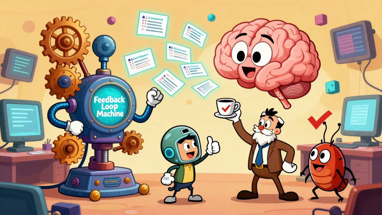 Whimsical machine turning human feedback into glowing scorecards that feed an AI brain.