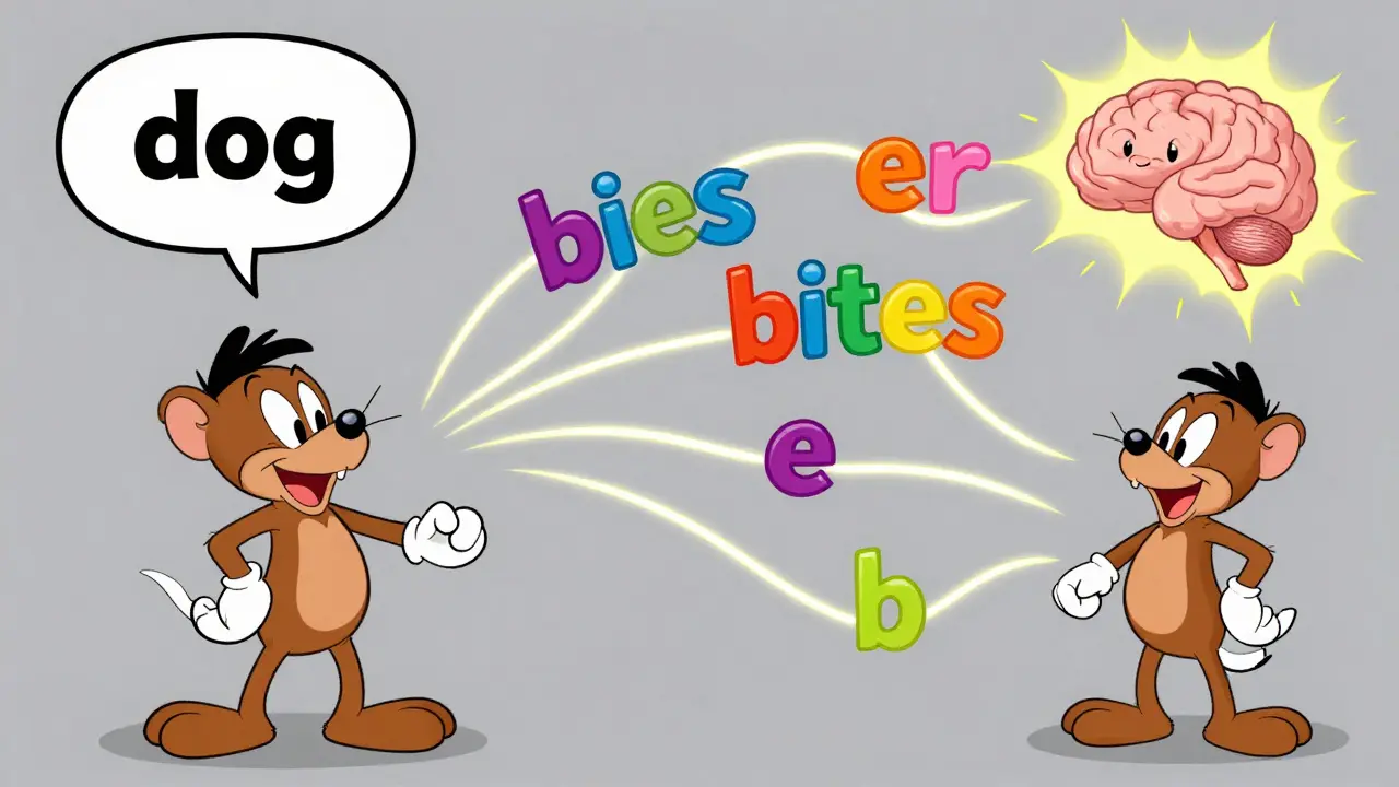 Words as floating balloons connected by glowing lines showing self-attention relationships.