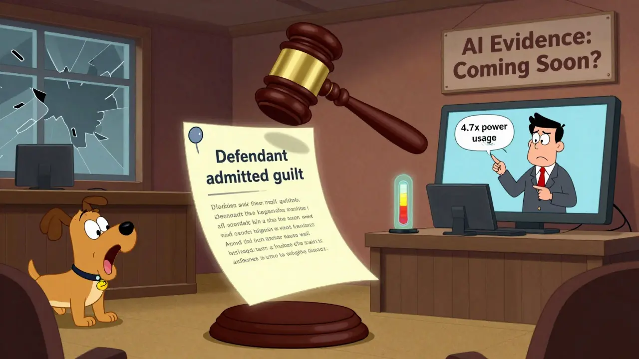 A courtroom with a mistaken AI summary, barking dog, and energy meter spiking in classic Hanna-Barbera cartoon style.