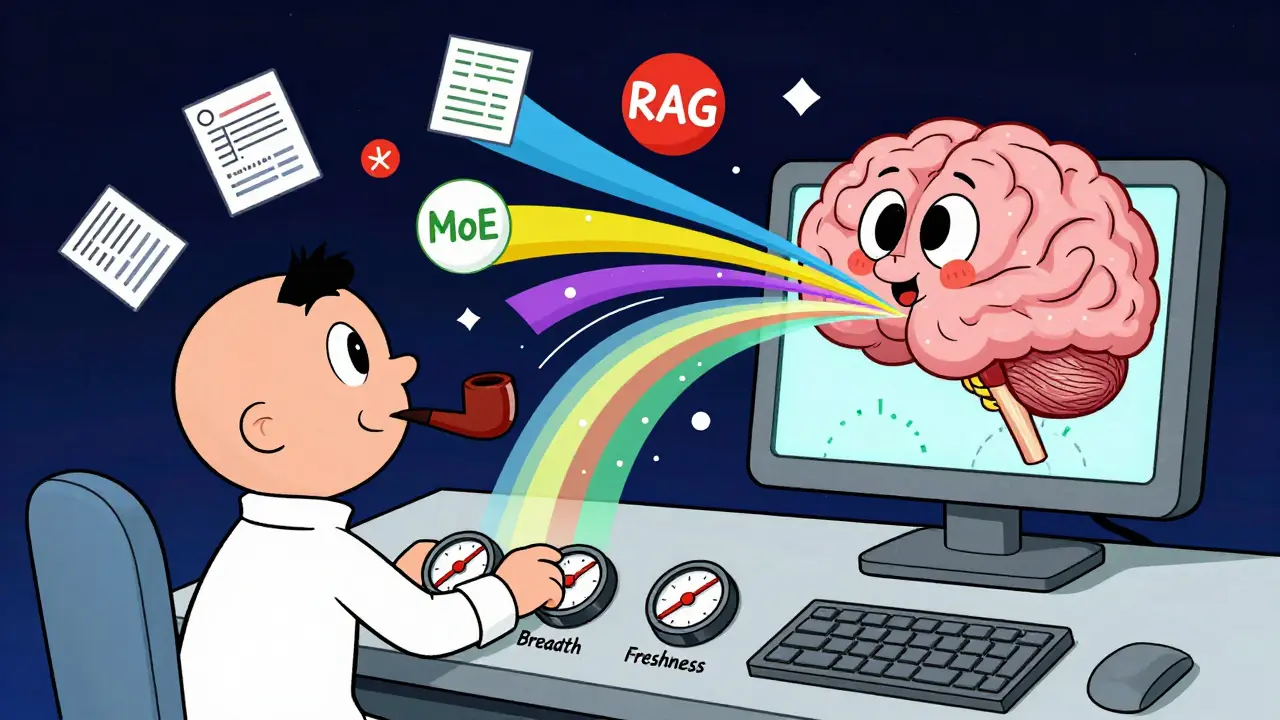 A data scientist adjusting dials that control data quality streams flowing into a brain-shaped computer.