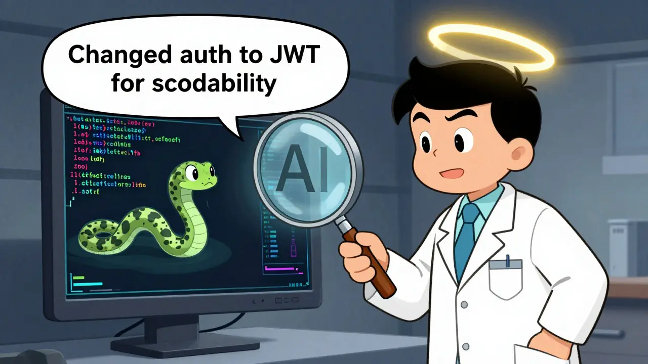A developer examines an AI diff with hidden security threats, contrasted with a clear human-written message.
