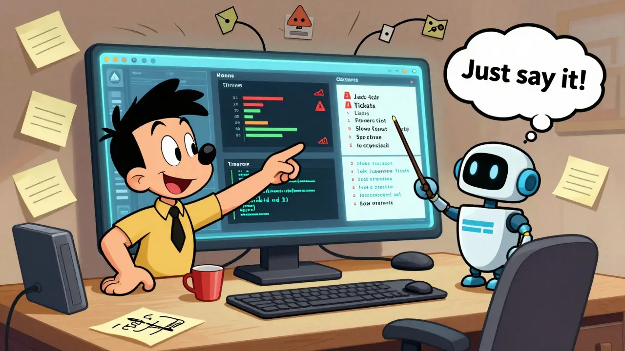 A live dashboard with charts and warnings replaces messy sticky notes, guided by a friendly AI robot.