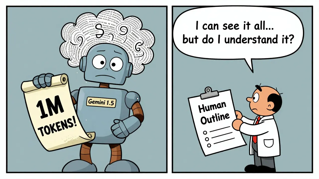 A robot with a giant text scroll struggles to understand structure while a human holds a simple outline.