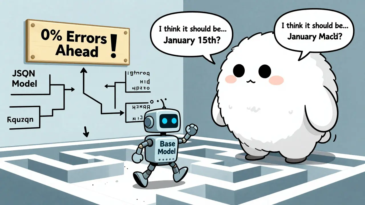 A small robot succeeds through a JSON maze while a fluffy model gets stuck on rigid rules.