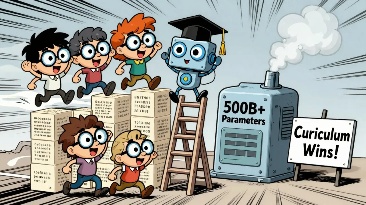 A small startup team celebrates as their LLM robot climbs a ladder of sorted text blocks.