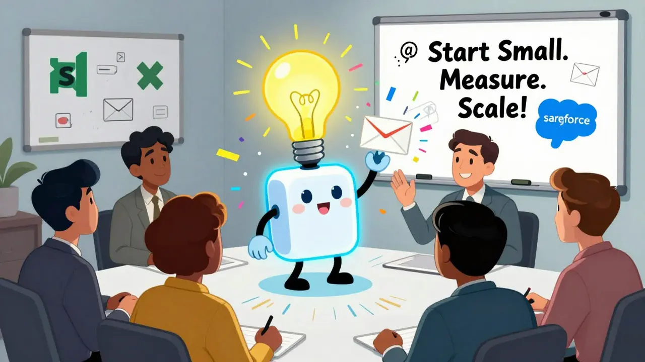 A team celebrates as an AI robot with a lightbulb head generates a personalized email, surrounded by office tool icons.