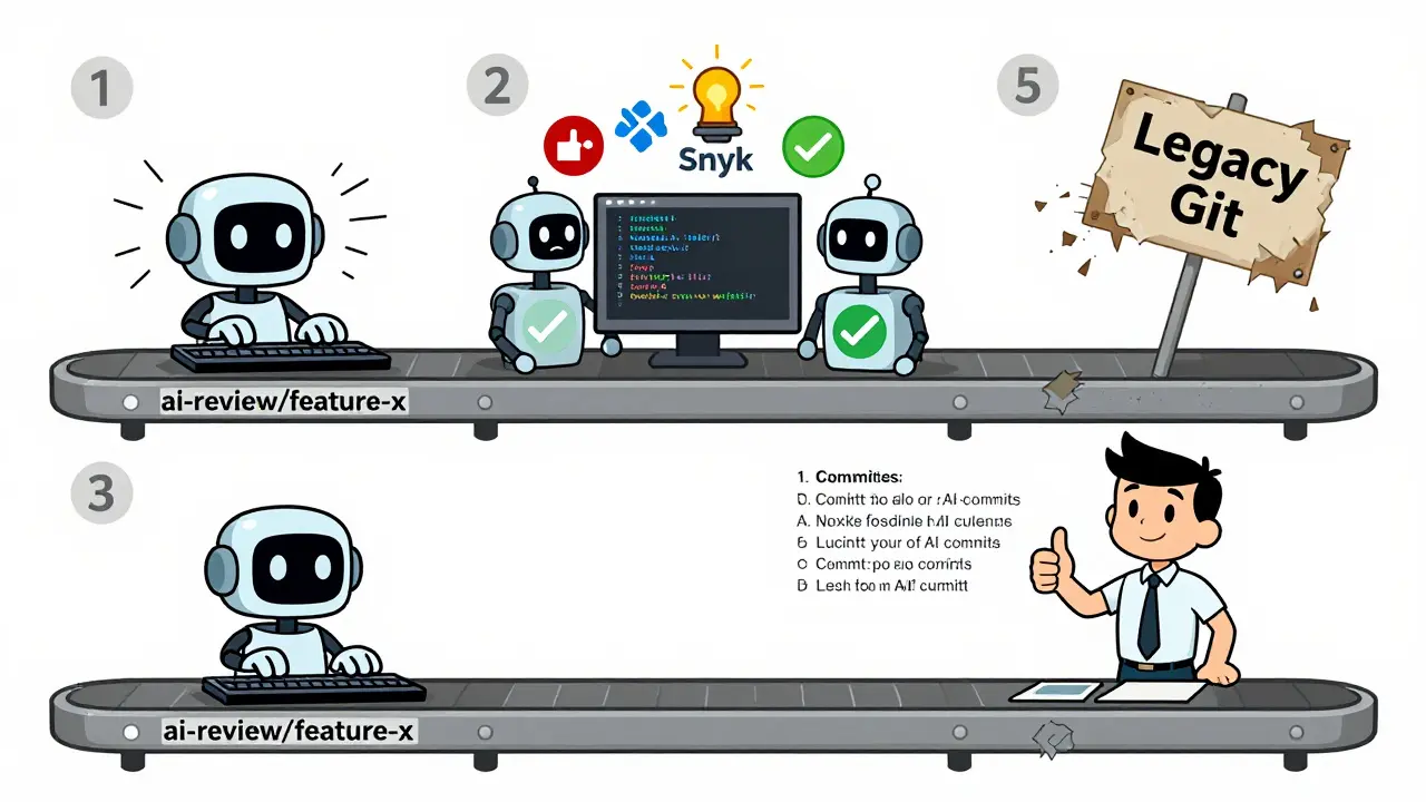 A three-step conveyor belt showing AI code generation, automated checks, and human squashing into one clean commit.