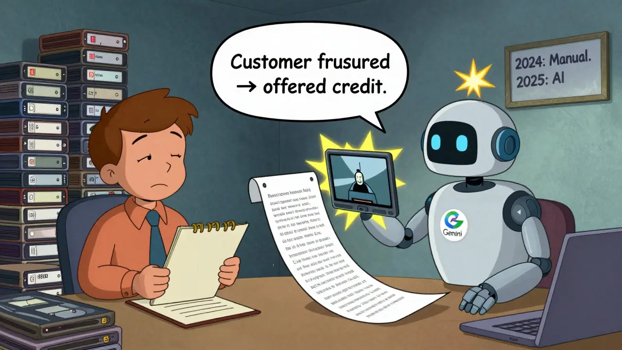 A tired human surrounded by VHS tapes vs. a robot analyzing video instantly, with a summary bubble in Hanna-Barbera cartoon style.