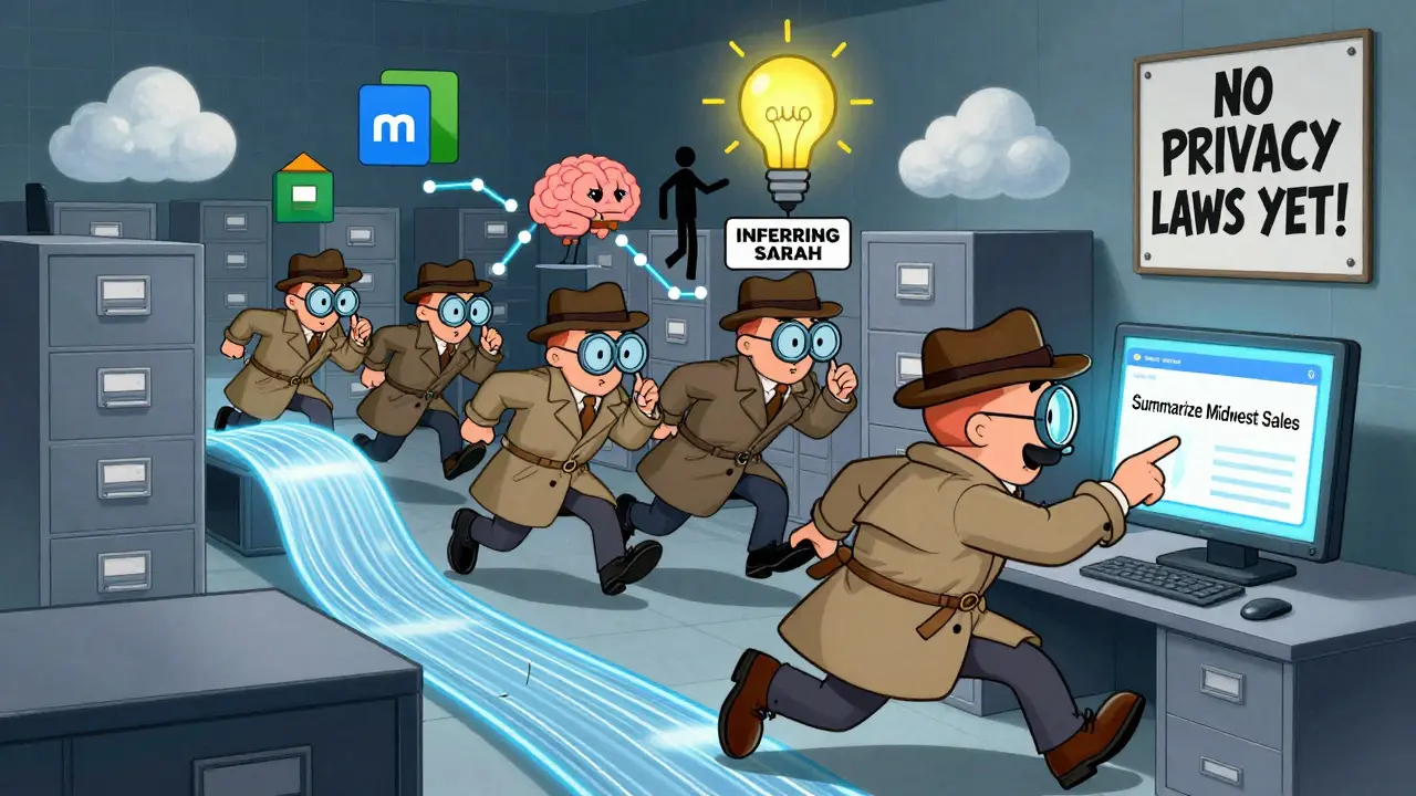 Cartoon detectives chase inferred data as an AI connects sales trends to a hidden employee departure.
