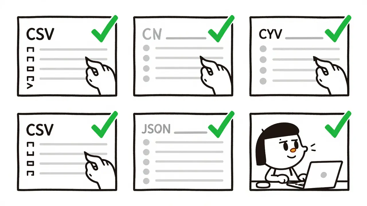 Character handling CSV data split into tokens, headers, and JSON with checkmarks