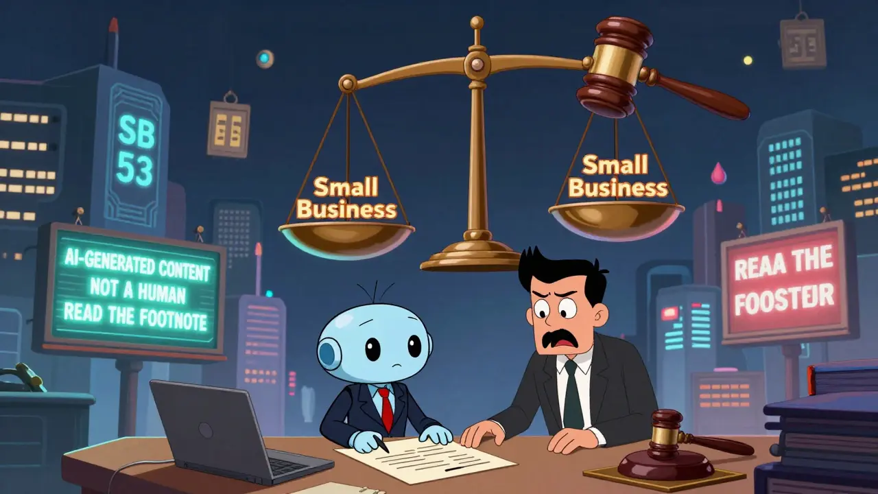 City with AI-themed buildings and glowing disclaimers, autonomous AI signing contract with horrified man.