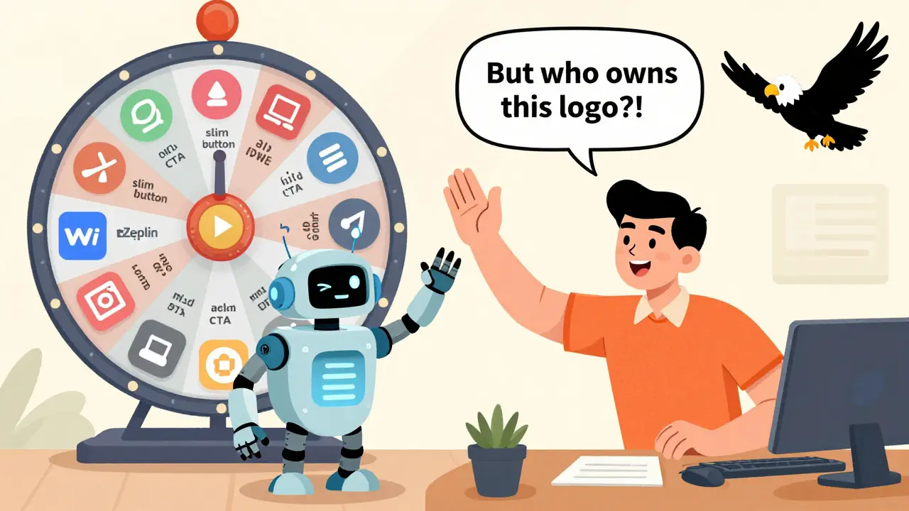 Designer high-fives a robot made of code icons as an iOS icon flips in the air, with labeled assets spinning behind.