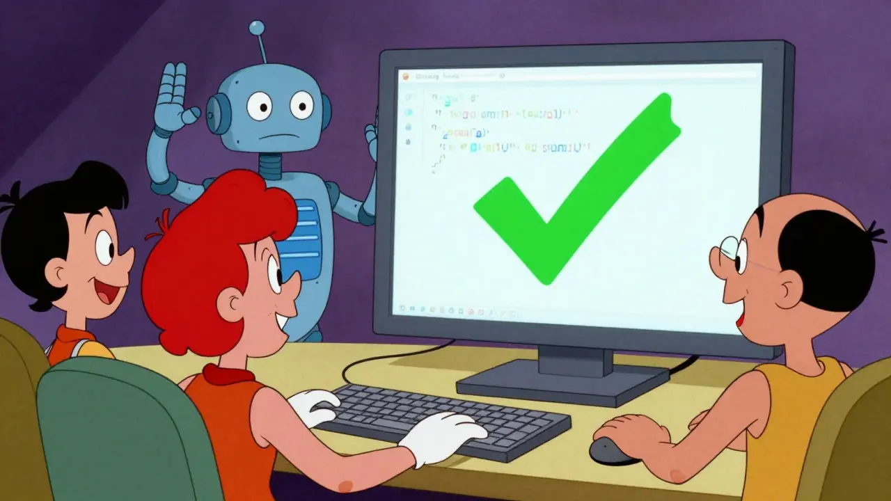 Developers watching computer screen with green checkmark while robot scans code.