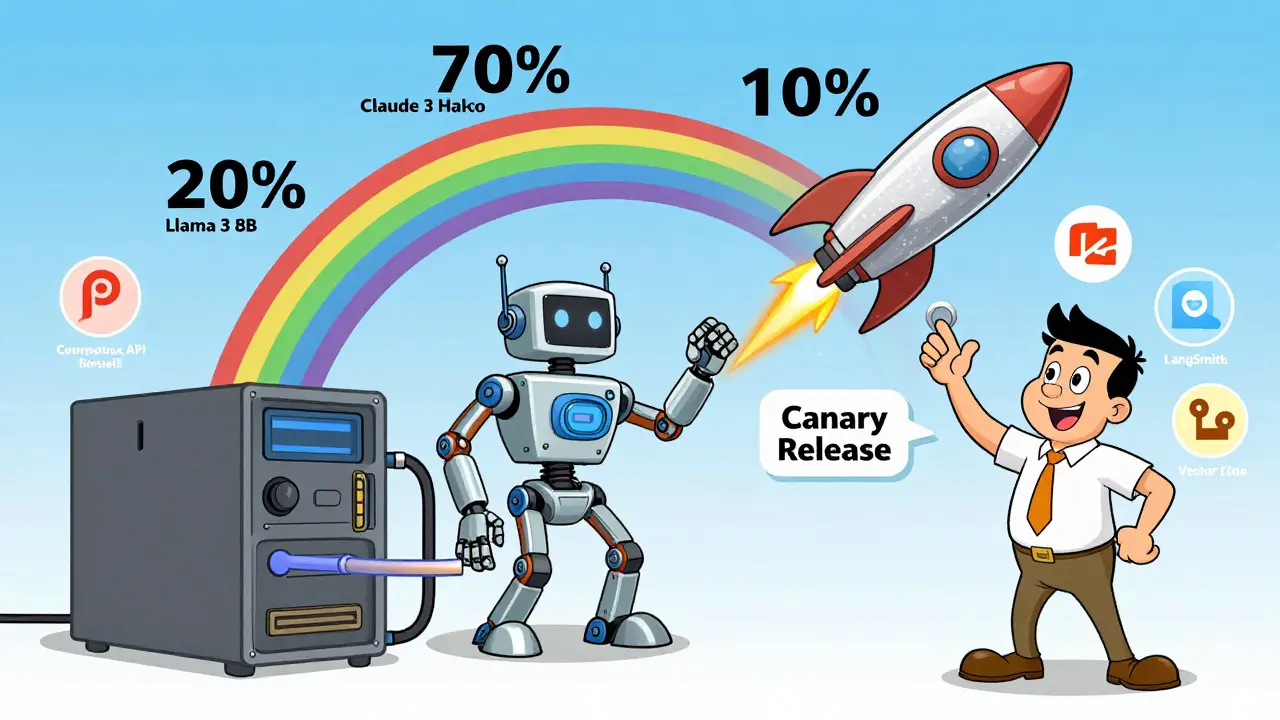 Hybrid AI system routing requests between self-hosted bots and distant API towers with monitoring icons.
