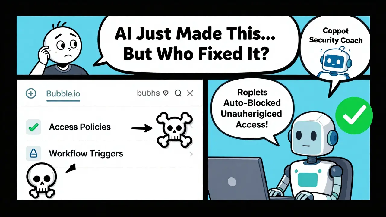 Left: confusion with Bubble.io's complex settings; right: Replit's auto-protection, with Copilot Security Coach offering help.