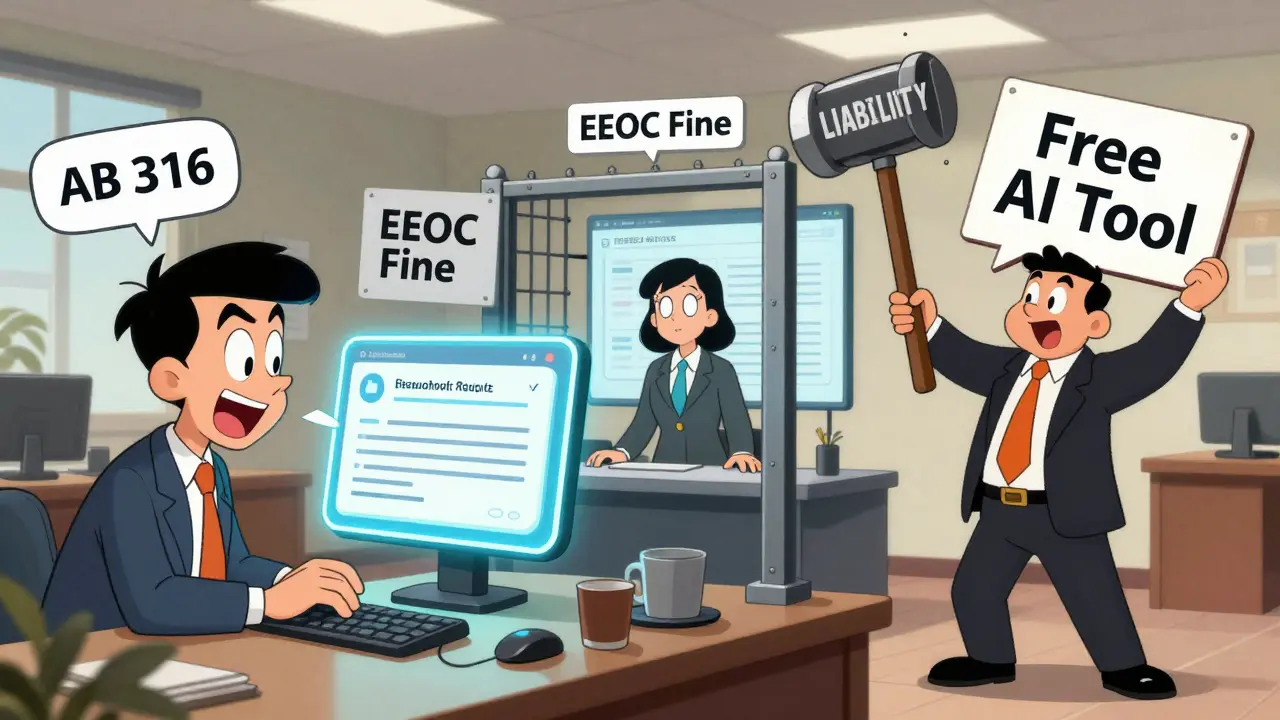 Office workers interacting with AI tools that generate biased job filters and fake product labels.