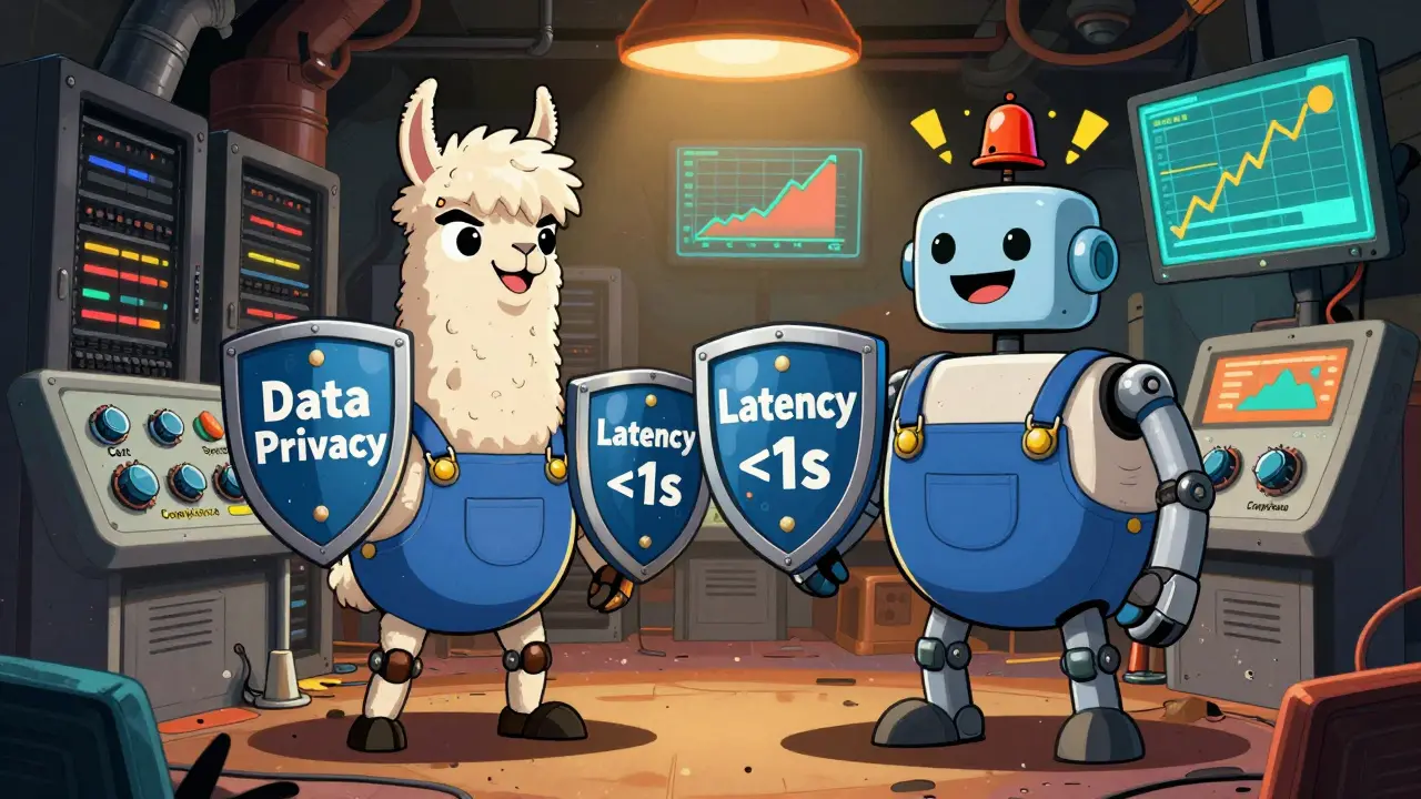 Self-hosted LLM robots guarding a server room with shields for data privacy and low latency.