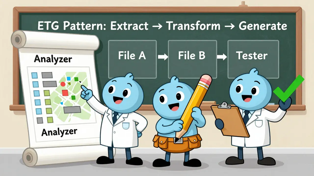 Three cartoon AI agents working together: Analyzer, Coder, and Tester, reviewing a Git diff with an ETG pattern chart.