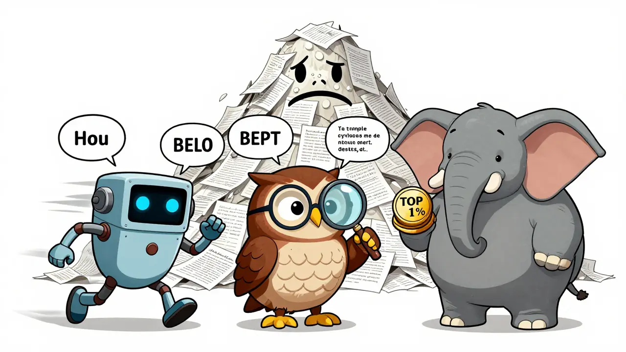 Three cartoon AI filters — a robot, an owl, and an elephant — each processing text blocks with humorous exaggeration.