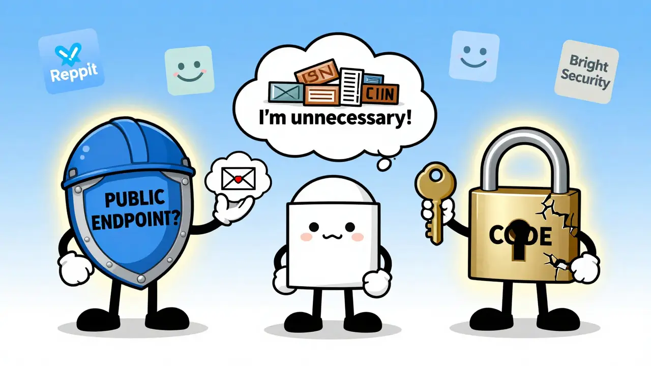 Three cartoon security rules—public endpoints, minimal data, and environment variables—guide a user to safer coding.