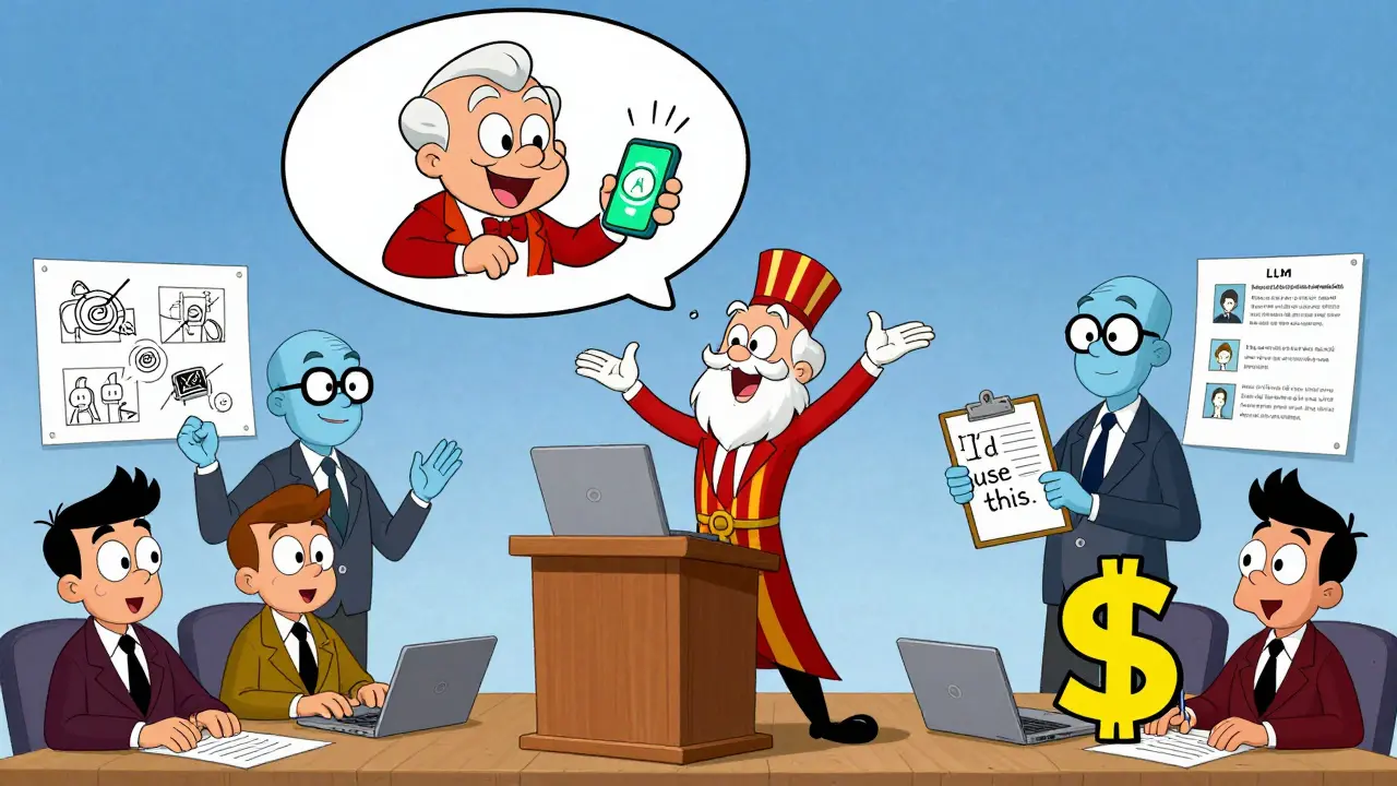 A charismatic presenter pitches a voice app to judges, with AI agents helping behind the scenes in a vibrant, cartoonish setting.