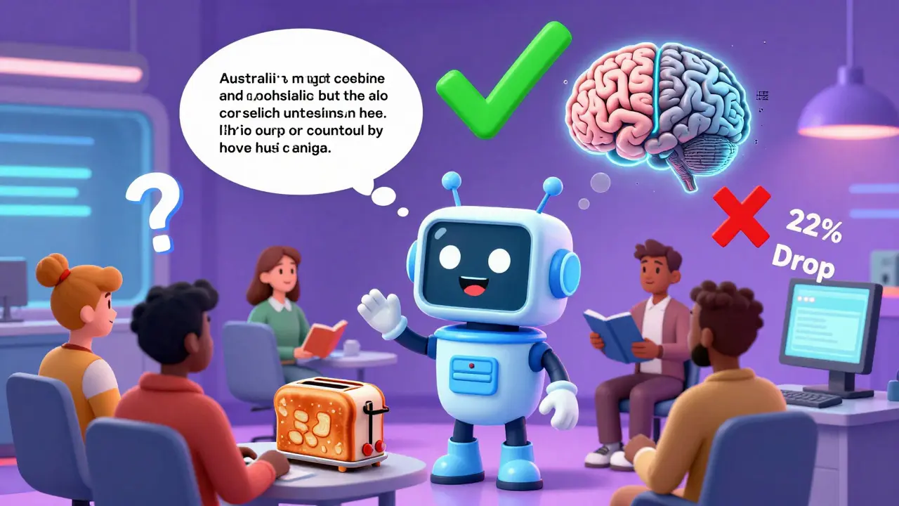A chatbot being tested with diverse questions, its brain split between clear knowledge and fading memory.