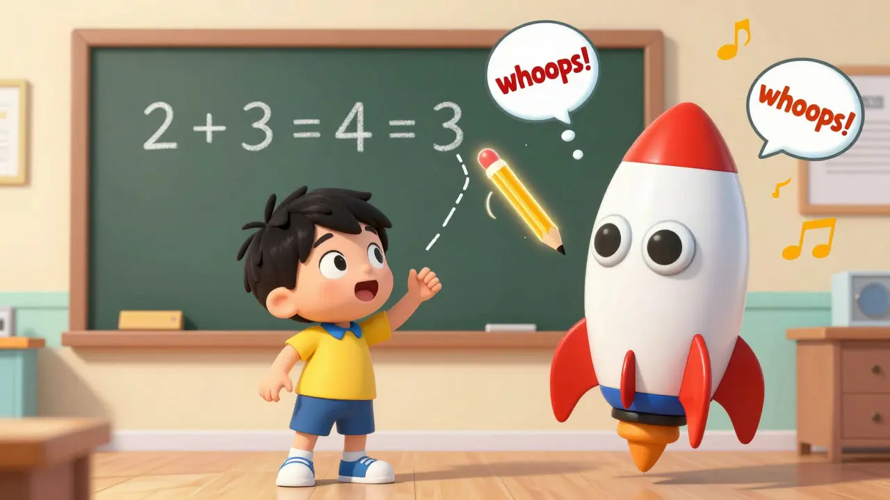 A child learns math with a playful AI tutor that draws corrections in the air using glowing pencils and pop-up bubbles.