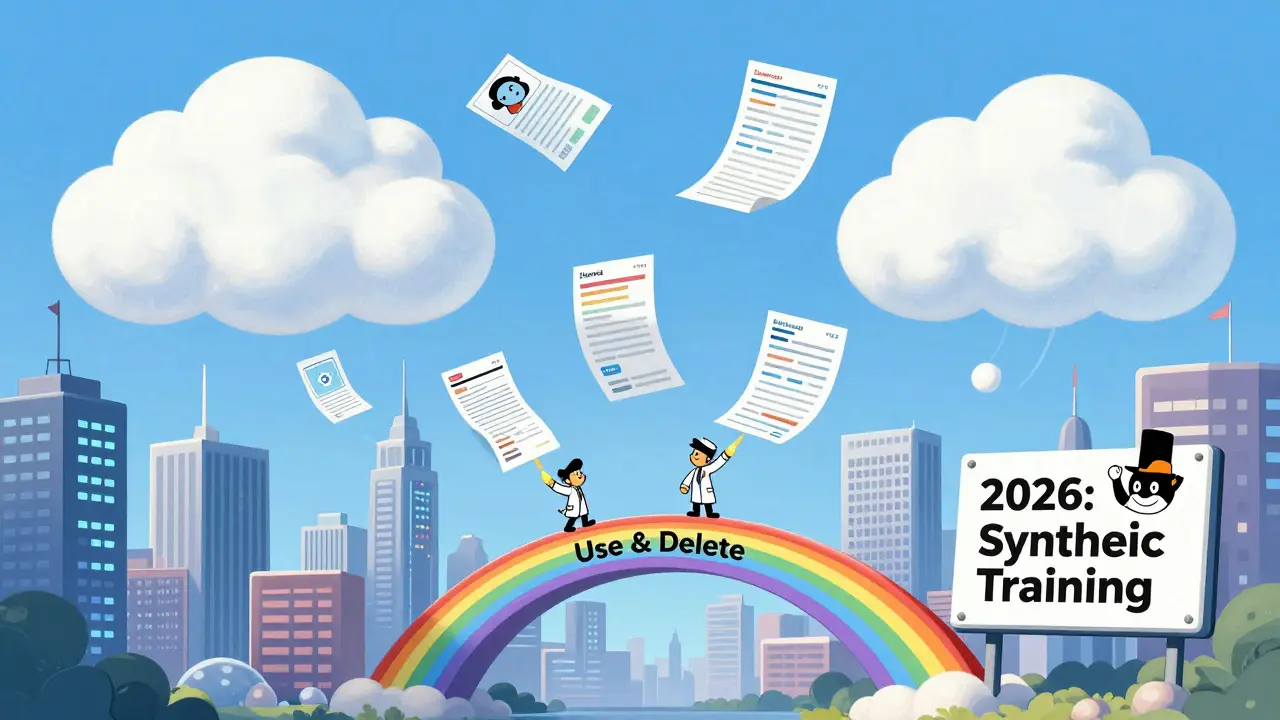 A futuristic city uses synthetic data streams shaped like rainbows, with a sign showing 60% synthetic AI training.