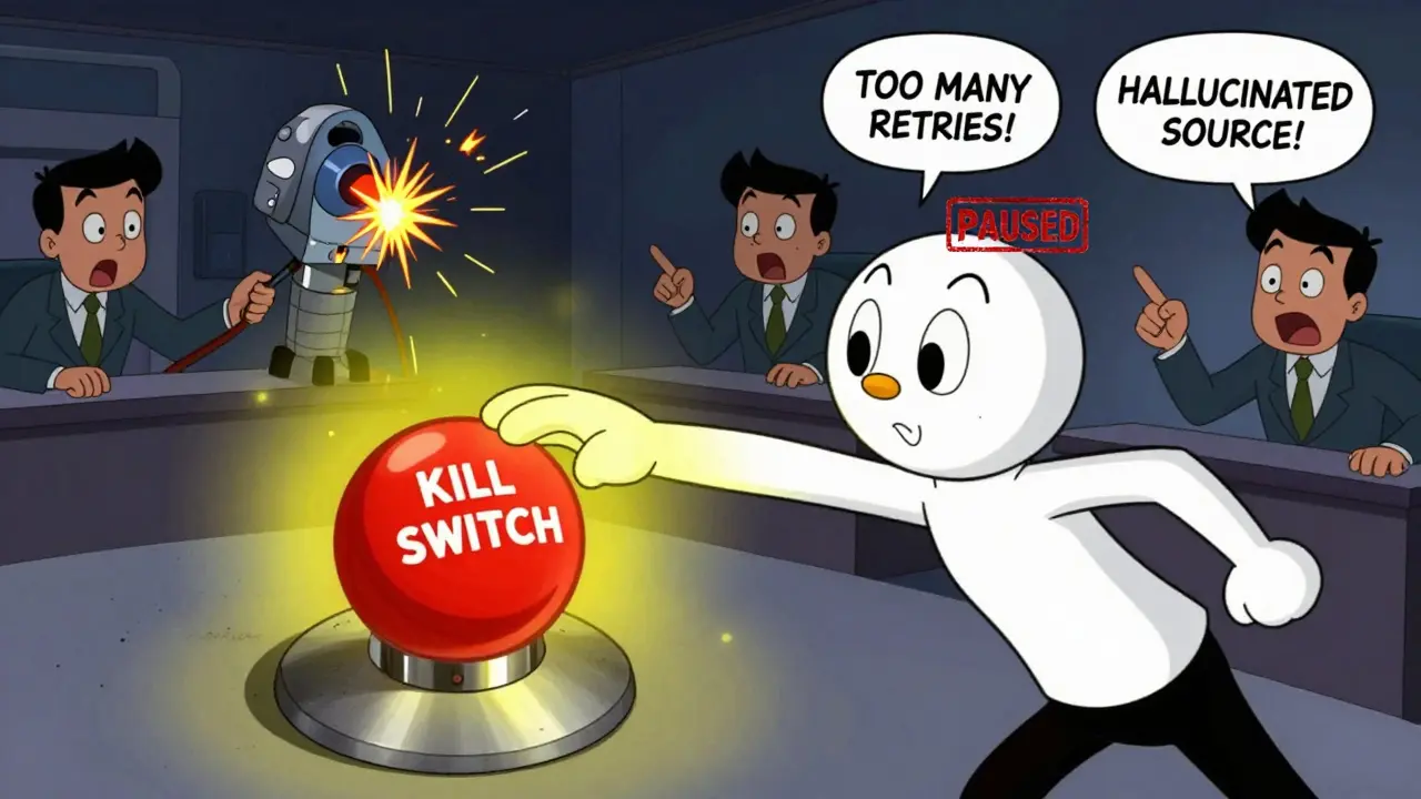 A kill switch activates as an AI agent pauses mid-task, surrounded by warning signs in Hanna-Barbera style.