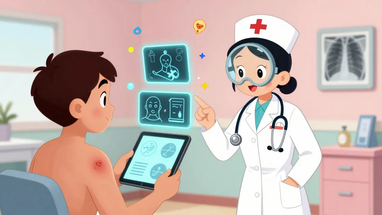 A nurse and AI assistant analyze a skin rash together with floating medical diagrams in a cartoon hospital setting.