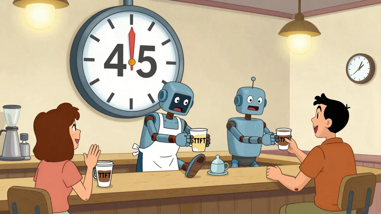 A robot barista hesitates to serve coffee while a customer waits impatiently, a giant 45-second timer looming overhead.