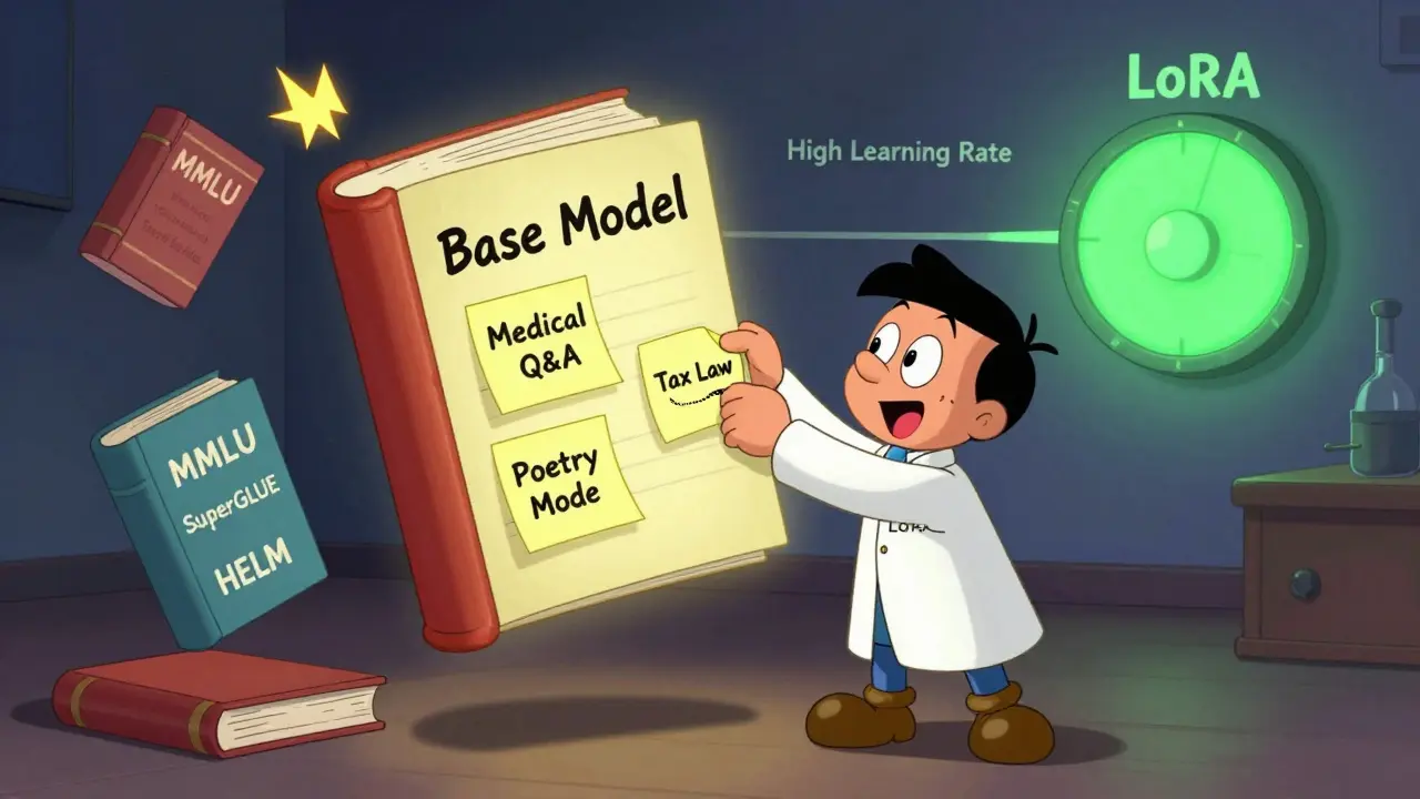 A scientist adding sticky-note adapters to a glowing textbook while dials adjust training settings.