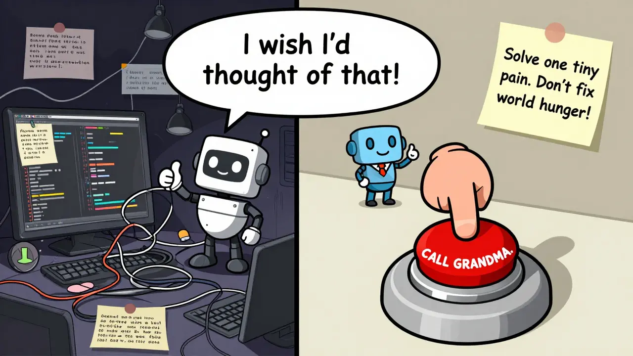 A split scene contrasts messy code with a clean one-tap app prototype, as a judge’s thought bubble expresses admiration.