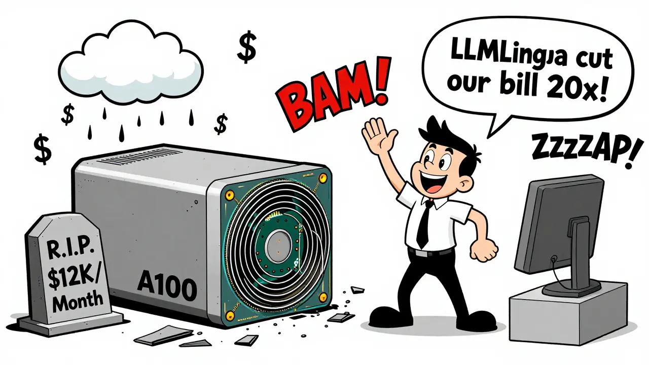 A startup worker celebrating with a tiny GPU as a massive one breaks down with cost savings.