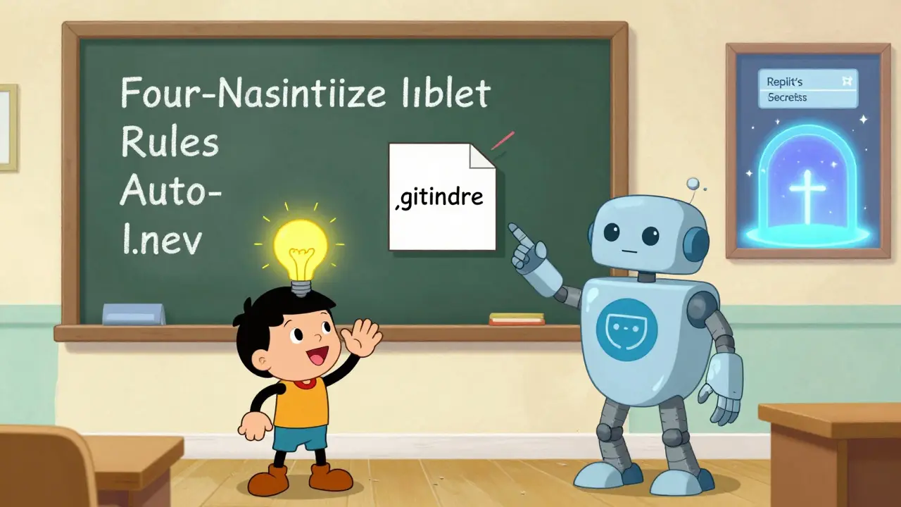 A teacher robot explains security rules as a builder clicks a button to sanitize input.