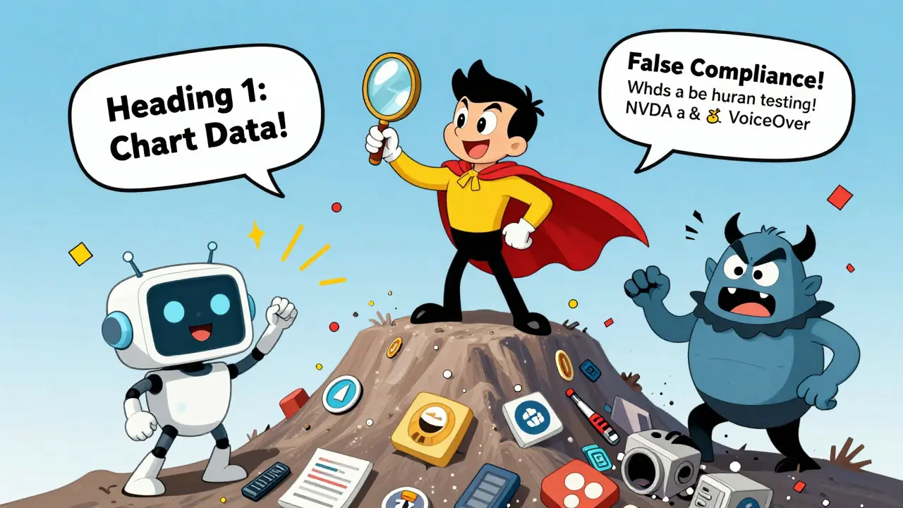 Accessibility Champion defeating false compliance with real testing tools as screen reader announcements appear in the air.