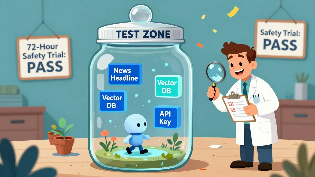 An AI agent safely tested inside a glass sandbox jar while an engineer monitors from outside.
