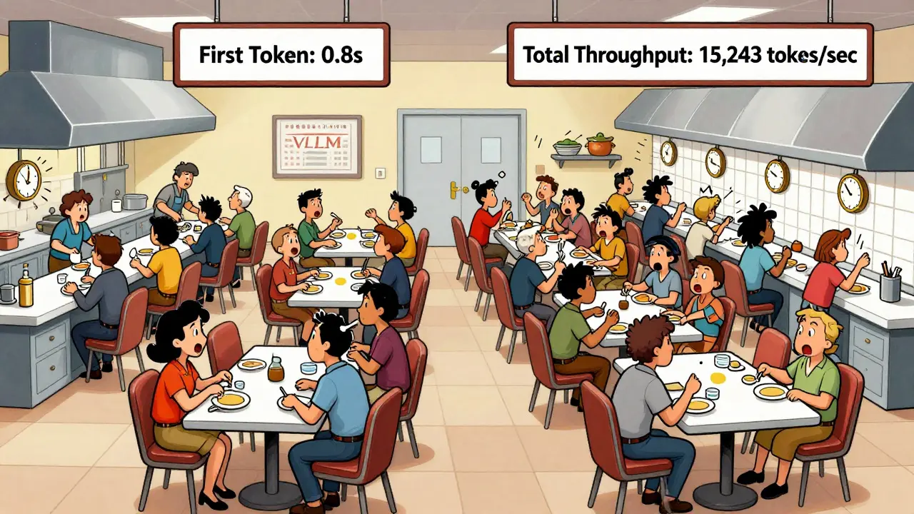 An AI restaurant with vLLM serving customers instantly while TGI waits for full tables, causing long lines.