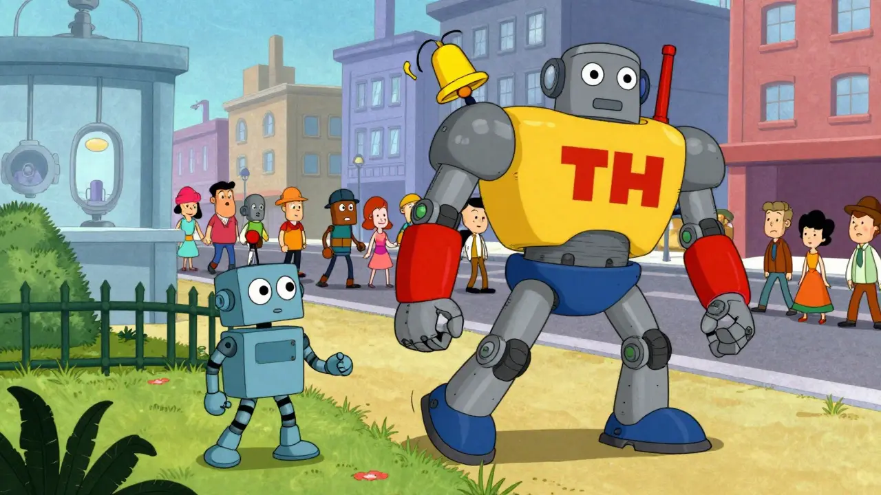 Animated graphic of small robot growing into public-facing system.