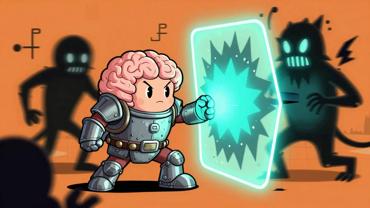 Armored AI character shielding against glitch monsters in cartoon style