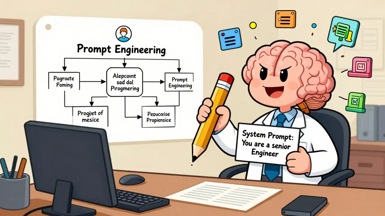 Developer drawing a prompt flowchart that turns language into a program, with AI brain and Git tools.