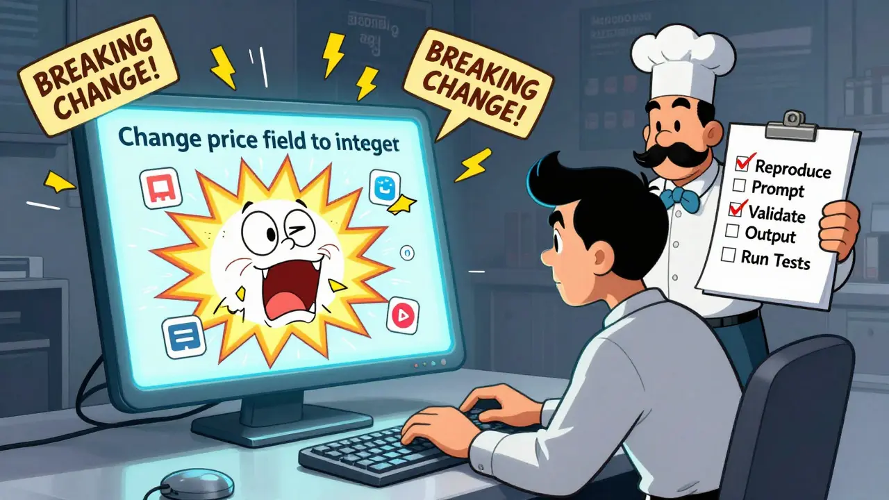 Developer typing into AI console as chaos erupts, with a calm AI butler holding a checklist in Hanna-Barbera style.