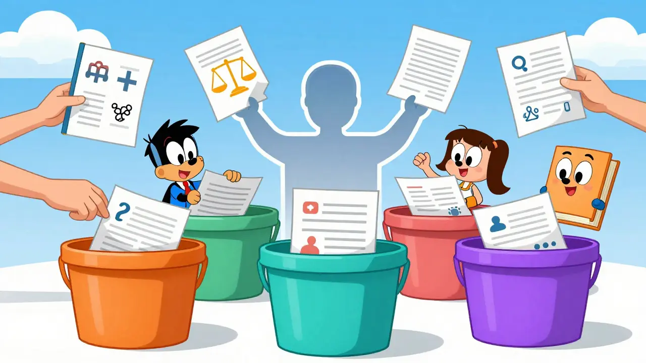 Documents sorted by domain categories in animated scene