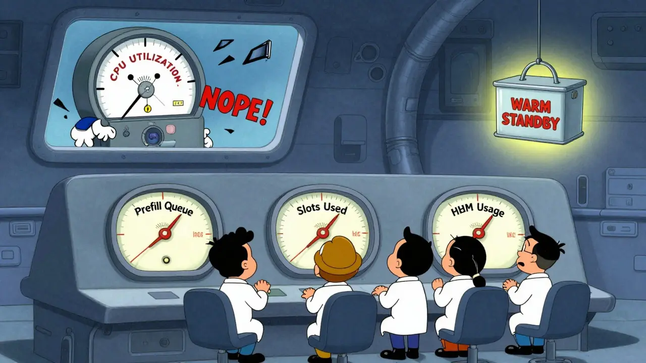 Engineers monitoring three custom gauges while a CPU gauge is tossed out a window in a cartoon control room.