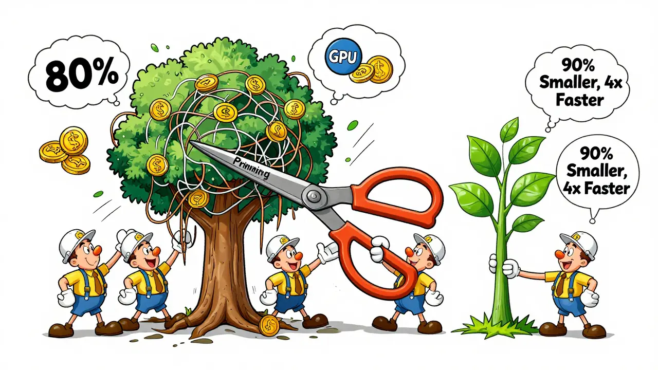Engineers pruning a neural network tree, replacing it with a smaller, efficient version.