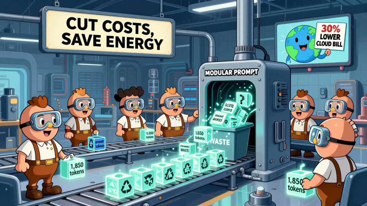 Factory conveyor belt recycles wasted tokens while a modular prompt machine outputs efficient results.